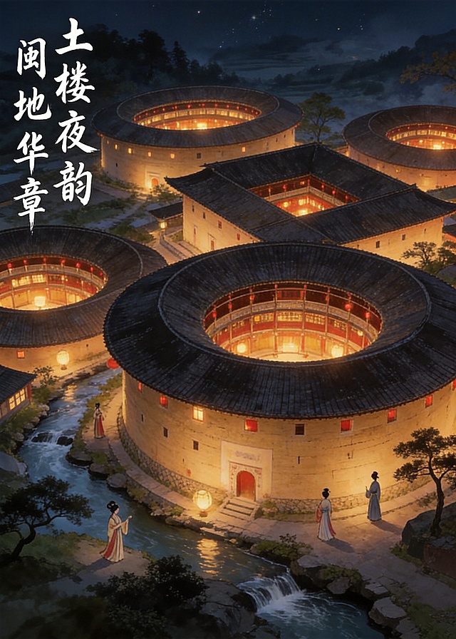 以福建土楼为主体，借鉴参考图的古风夜景风格，打造灯火璀璨的土楼群落夜景，土楼错落分布，楼内灯火温暖，周边点缀溪流、树木，搭配古风人物，添加书法字体文案“土楼夜韵 闽地华章”