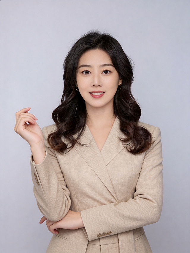 参考图中保留人物脸型、发型、年龄等特征生成职场形象照，保持人物不变，更换为浅卡其色精纺羊毛混纺西装外套，西裤同色，更换全新不同手势和姿势，调整手指位置，保留耳环，简约微微暖调浅灰色纯色背景，画质超高分辨率、细节清晰，现代精致感风格；肤质精细化处理；眼神直视镜头，目光坚定且澄澈，表情自然，嘴角上扬；肤色均匀，柔光美白细腻陶瓷肌肤，哑光肤质，肤色均匀提亮；杰作，最佳画质，超高细节，写实摄影，中近景人像，皮肤细腻通透，白皙清透皮肤，柔光，正面补光，画面干净清新，高清皮肤细节；面部光比1:1.5，4800K中性光，微微修饰脸型，肤质哑光细腻，面部雾面柔光，轻透裸肌感，真实毛孔纹理；分辨率4K，严格保留原人物特征