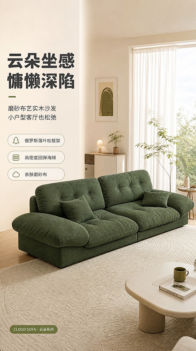 [商品] 使用【图1】墨绿色磨砂布艺三人位云朵沙发；保留整体造型、圆润云朵靠背、分体坐垫、宽厚扶手、磨砂布艺纹理和墨绿色颜色；商品处理：自然理顺面料褶皱，增强磨砂布肌理质感与缝线细节，不改变沙发结构、比例和颜色。
[画面] 页面目标：首屏风格空间头图，展示沙发全貌与客厅居家氛围。左文右景构图，左侧约1/3竖列文案区，右侧2/3为明亮客厅大场景；沙发位于画面右侧居中，占画面约55%，正面微侧角度；前景浅色地毯，中景沙发配同色系抱枕，后景明亮落地窗+白纱窗帘+简约边几与绿植，暖调午后自然光，慵懒温馨居家氛围。
[视觉] 套系策略：风格=现代奶油风商业家居摄影；标题字=思源黑体粗体；正文字=思源黑体常规；主色=奶白暖杏色；背景延展=基于奶白暖杏做深浅层级、同色渐变和细腻墙面/织物质感；强调色=橄榄绿，仅用于小面积图标、引线和标签；标题色=深炭灰；正文色=中暖灰；组件=圆角浅底信息卡、细线引线、胶囊形卖点框；光影=左前侧暖柔光，明亮通透。
[文字] 左侧竖列文案区：主标题"云朵坐感 慵懒深陷"，副标题"磨砂布艺实木沙发 小户型客厅也松弛"，3条亮点胶囊框"俄罗斯落叶松框架""高密度回弹海绵""亲肤磨砂布"，底部系列角标"CLOUD SOFA · 云朵系列"；文字不遮挡沙发主体。
[规格] 图片比例9:16竖版，4K，避免变形、错字、文字过小、冷蓝/蓝灰背景、沙发颜色改变、结构失真、极限词。