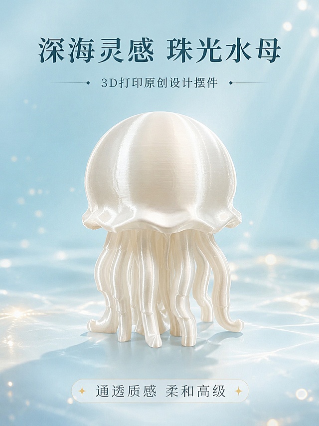 [第1屏] 详情页头图-珠光白3D打印水母摆件主视觉宣传图。本屏使用【图1】作为商品主体。
[氛围/风格] 简约高级氛围感，浅青蓝渐变背景，商业产品摄影质感，突出水母摆件的通透珠光质感。
[元素布局] 水母摆件放置在画面视觉中心，占比约70%；背景为浅渐变海洋风，点缀细闪光斑模拟水光，保留水母的物理结构、造型轮廓与珠光白颜色和输入产品图一致。
[光影质感] 正面柔光打光，侧面增加轮廓光凸显通透感，底部自然柔和投影，明暗层次清晰，产品整体干净明亮。
[配色色系] 全局底色 #F0F8FB；主色浅青蓝渐变；辅助色珠光白产品、浅金色点缀光。
[视角构图] 正面45°微仰视，产品为绝对视觉中心，阅读动线从上到下，顶部标题 → 中心产品 → 底部卖点信息。
[文字版式] 版式为顶部标题 + 中心产品 + 底部卖点信息。主标题「深海灵感 珠光水母」，副标题「3D打印原创设计摆件」，字体简约干净，主标题加粗居中；底部标注卖点「通透质感 柔和高级」，信息条简洁不遮挡主体。
[比例分辨率] 3:4 竖版比例，4K分辨率，文字清晰可辨，高清画质。
[负向提示词] 产品变形，结构错误，颜色偏差，珠光质感丢失，文字错乱，文字过小，水印，背景杂乱。