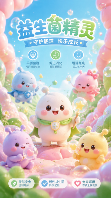 益生菌精灵，可爱梦幻的卡通益生菌精灵形象，软萌Q版，整体清新治愈，适合包装宣传预览效果