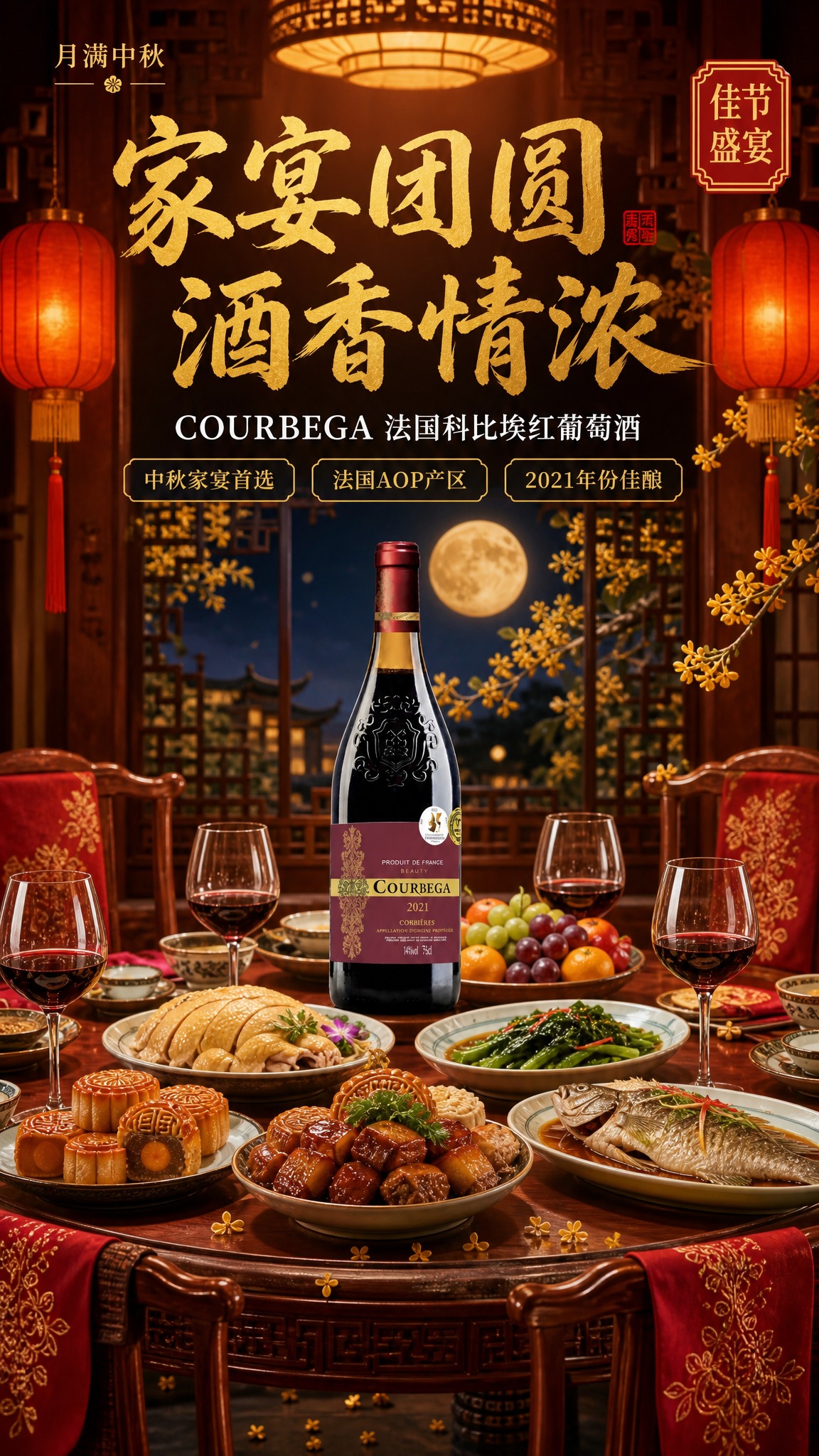 中秋团圆家宴宣传海报，新中式国风红金暖调风格，与参考图风格一致… - 图片创意预览