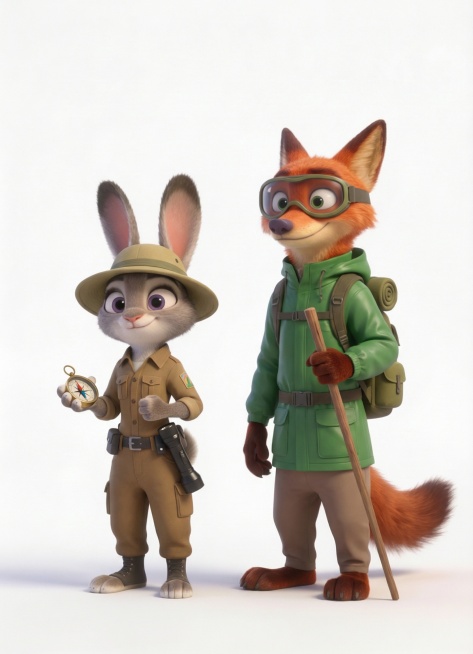 更改兔子朱迪和狐狸尼克的服装、配饰以及手上的东西，除此之外其他细节和参考图保持一致，包括动作、表情等细节。生成20张图，每张图的服装配饰和手上的东西都要不一样预览效果