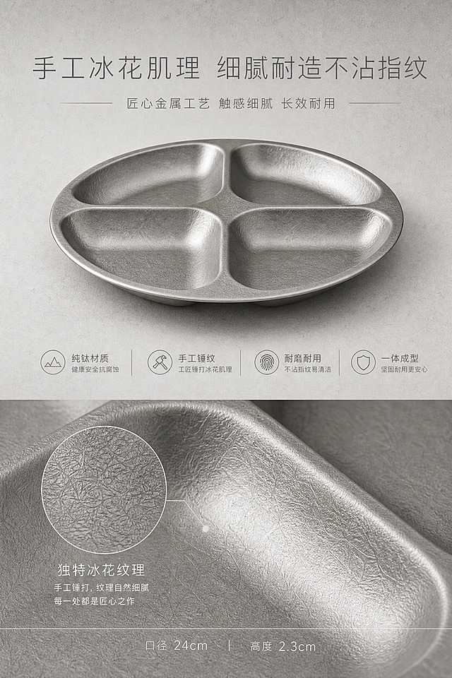 [商品] 使用【图1】纯钛四分格餐盘背面视角与【图2】正面视角组合；保留圆形轮廓、四格分区结构、冰花手工肌理、哑光金属银灰色质感、背面凸起的格纹形态；去除所有背景杂物，1:1实物比例，精准还原口径24cm、高度2.3cm。
[画面] 冰花肌理工艺卖点页，上下疏密对比排版；上部约40%为产品整体全景（正面平视），下部约50%为高清微距肌理特写；特写聚焦餐盘表面独特冰花纹理，细腻呈现手工冰花工艺与哑光磨砂质感；极简浅灰肌理背景，柔和漫射光均匀打亮，无多余反光，画面干净有质感。
[视觉] 套系策略：风格=简约轻奢哑光质感风，细质轻奢视觉效果；标题字=无衬线极简纤细高级字体；正文字=无衬线极简细体；主色=金属银灰色(#B8B8B6)、哑光浅灰(#9C9A97)；背景延展=浅灰细腻哑光肌理背景，同色系深浅变化；强调色=白色(#FFFFFF)，用于细分割线与高光点缀；标题色=哑光深灰；正文色=中灰；组件=极简细线分割、微距框选标识；光影=柔和漫射光，凸显哑光磨砂质感，无强光反光斑驳。
[文字] 画面上部居中排版，主标题："手工冰花肌理 细腻耐造不沾指纹"，纤细大号居中；副标题："匠心金属工艺 触感细腻 长效耐用"，细体中号居主标题下方；文字与产品全景区适度留白，不遮挡肌理特写主体。
[规格] 图片比例2:3竖版，2K分辨率，medium质量；避免竖版2:3比例失调、画面杂乱冗余、工艺纹理模糊失真、指纹污渍残留、产品掉色变形、色彩鲜艳突兀、排版混乱、字体粗糙、强光曝光反光斑驳、多余贴纸水印文字、卡通涂鸦装饰元素、低画质模糊噪点。