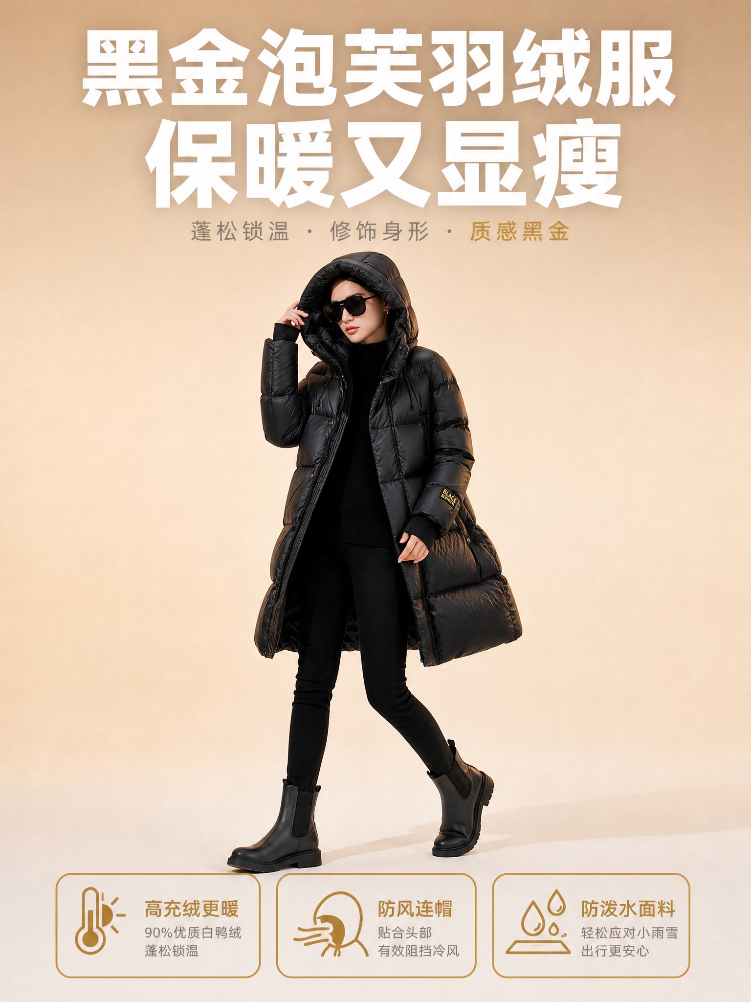 [主图-1] 抖音3:4核心卖点首图，主题：黑金泡芙羽绒服 保… - 图片创意预览