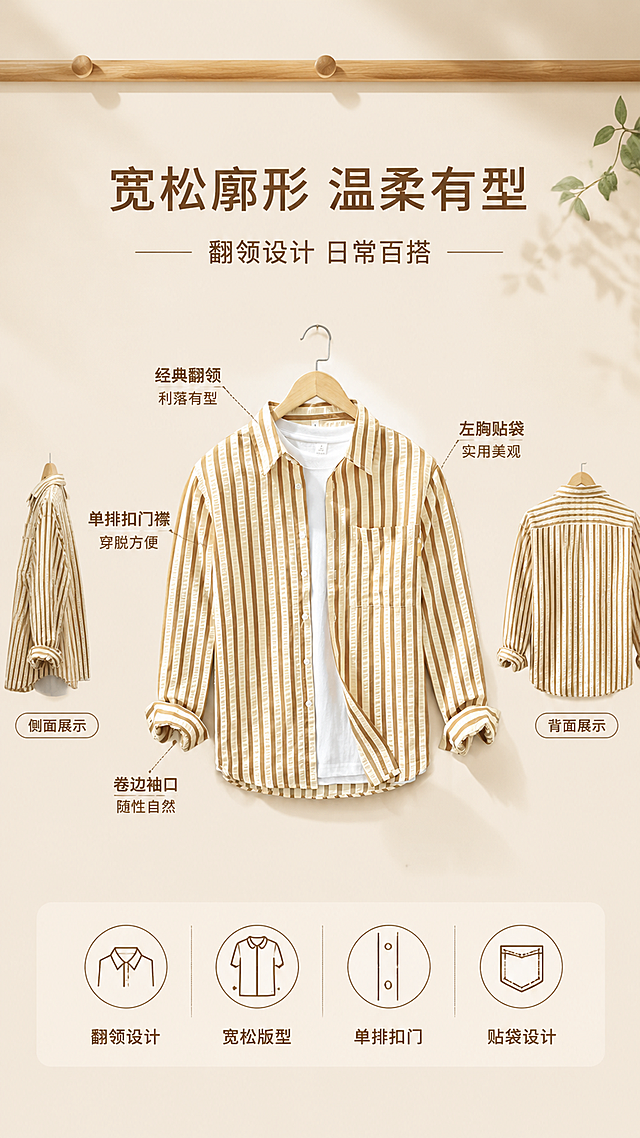 [第2张] 详情页版型解析-卡其米白竖条纹长袖衬衫多角度廓形展示。本张使用【图1】作为商品主体。
[氛围/风格] 简约温柔风，暖调光影，商业产品摄影质感，信息图版式。
[元素布局] 画面中央展示衬衫正面全貌，占比约45%；左右两侧分别排列侧面图和背面图小图，各占约20%；背景为浅米色温柔背景+木质挂架+柔光效果；从翻领、肩线、袖口、下摆、门襟、口袋处引出细线标注设计亮点；保持衬衫颜色、条纹纹理、结构、纽扣与输入图一致。
[光影质感] 顶部柔光照明，左右辅光补光，衣服褶皱自然，条纹肌理清晰，立体感强，底部柔和投影。
[配色色系] 全局底色 #F5F0E8 浅米色；主色卡其米白竖条纹衬衫；辅助色浅棕线条、深棕文字；点缀色白色纽扣。
[视角构图] 中间主图+左右双小图布局，阅读动线从主标题→主图→两侧细节小图→底部卖点。
[文字版式] 版式为顶部居中标题+中主图左右双小图+底部卖点条。主标题「宽松廓形 温柔有型」，副标题「翻领设计 日常百搭」，无衬线细体居中；引线标注文字：「经典翻领 利落有型」「单排扣门襟 穿脱方便」「卷边袖口 随性自然」「左胸贴袋 实用美观」；底部4个图标配短句：翻领设计/宽松版型/单排扣门/贴袋设计。
[比例分辨率] 9:16 竖版比例，2K分辨率，文字清晰可辨，高清画质。
[负向提示词] 衣服变形，比例失调，颜色偏差，水印，文字错乱，结构错误。