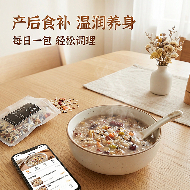 [垫图] https://gdesign-dam-hz.dancf.com/35941093251865667/641a068a82e947348d92b3a0c49f5a49.png
[主图主题] 30天月子粥食用场景体验图
[氛围/风格] 温馨居家生活风，自然柔和暖光
[画面元素] 第一人称视角拍摄，桌面上摆放一碗煮好的月子粥，旁边放着手机和打开的包装，背景是干净温馨的餐桌场景，整体氛围温暖治愈，展示产后坐月子舒适食补的日常体验
[配色色系] 主色调：温馨米白色，暖黄色调；辅助色：浅木色桌面
[视角构图] 第一人称俯视视角，生活化抓拍感
[文字版式] 主标题 "产后食补 温润养身"，副标题 "每日一包 轻松调理"，文字悬浮在画面左上角留白，字体简洁温润，不遮挡主体粥品
[比例分辨率] 1:1 比例，2k 分辨率