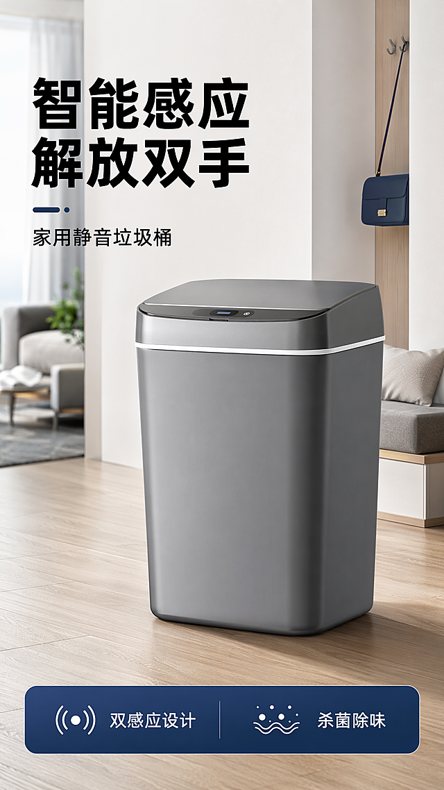 [第1屏] 详情页头图-智能感应垃圾桶产品宣传海报，本屏使用【图1】作为商品主体。
[氛围/风格] 现代简约家居科技风，浅灰调客厅场景，柔和自然光，高级商业摄影质感。
[元素布局] 智能感应垃圾桶放置在画面中下偏右位置，占比约65%，左侧预留标题区域；背景为简洁现代客厅玄关，搭配浅橡木色地面和白色墙面，整体干净整洁；垃圾桶的外观形状、颜色结构与输入产品图保持一致。
[光影质感] 左前方主光柔和照明，产品底部自然投影，桶身高光清晰，明暗层次自然，产品轮廓突出。
[配色色系] 全局底色 #F5F5F5；主色浅灰+深灰；辅助色浅木色、深蓝色点缀。
[视角构图] 45度斜侧视角，产品为视觉中心，阅读动线左上标题 → 中下产品 → 底部信息条。
[文字版式] 版式为左上标题 + 中下产品 + 底部信息条。主标题「智能感应 解放双手」，副标题「家用静音垃圾桶」，粗黑体左对齐；底部信息条标注「双感应设计 杀菌除味」，文字不遮挡产品主体。
[比例分辨率] 宽度1080px，高度1920px，9:16竖版比例，4K分辨率，文字清晰可辨，高清画质。
[负向提示词] 产品变形，缺件错件，颜色偏差，文字错乱，文字过小，水印，背景杂乱