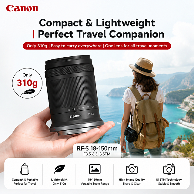 根据佳能RF-S18-150mm F3.5-6.3 IS STM样张产品图生成6张带场景突出产品卖点的速卖通主图，设计一套完整的产品主图，需要每张主图都突出产品的卖点，输出的图片每一屏都必须是1：1 尺寸，符合佳能的品牌调性，高转换率，英文文案，文字清晰，如有图标则图标完整清晰