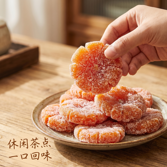 [主图 4] 场景展示红糖桔饼主图，复古怀旧中国风，温暖治愈氛围。保持红糖桔饼外观（物理结构、糖霜质感、橘红色泽）与输入产品图绝对一致，杜绝任何变形色差，精细化处理。一只手捏起一块红糖桔饼，展示桔饼厚预览效果