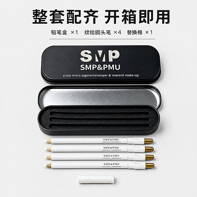 [主图-4] 完整配件组合展示
[氛围风格] 规整陈列，清晰展示整套配置
[画质] 商业摄影质感、光线柔和通透、产品清晰真实、画面干净高级
[元素] 圆头铅笔盒+配套纹发笔+替换棉全部整齐摆放在灰白色背景上；保持每件产品外观（物理结构、材质质感、颜色）与输入产品图绝对一致，杜绝任何变形和色差，精细化处理。所有配件整齐排列，完整展示整套产品包含内容，商品总占比约75%，布局干净规整
[光影] 均匀柔光，每个产品都有清晰轮廓和柔和阴影，整体明亮通透
[配色] 保持灰白色背景+黑白产品的经典简洁配色，视觉干净
[视角构图] 平视平铺陈列，所有配件完整展示，无遮挡
[文字版式] 顶部大字"整套配齐 开箱即用"，下方小字标注包含：铅笔盒 ×1 纹绘圆头笔 ×4 替换棉 ×1，文字排版简洁明了，信息清晰
[比例分辨率] 1:1比例，4k分辨率，文字清晰可辨，超高清
[负向提示词] 变形，水印，文字错乱，产品图模糊，背景杂乱