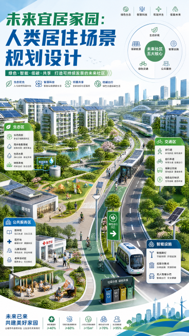 未来人类居住社区规划海报，主标题"未来宜居家园：人类居住场景规划设计"，画面包含整齐带太阳能板的住宅楼，社区内有花园草地树木雨水收集系统的生态区，步行道自行车道低碳公交站的交通区，含图书馆医疗站儿童老预览效果