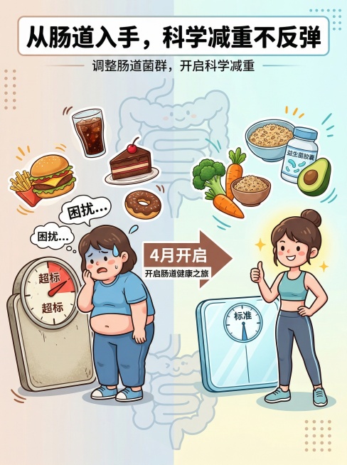 预告风格科普插画，左右对比构图。左侧是体重秤，指针指向“超标”，旁边有一个带困扰表情的卡通小人，周围飘浮着汉堡、蛋糕等高热量食物。画面中间有一个向右的箭头，箭头上写着“4月开启”。右侧是体重秤，指针指预览效果