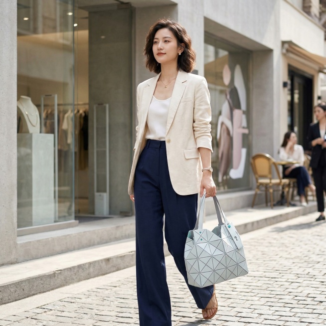 美女手提着这个菱格浅蓝色包包，自然时尚的产品展示图预览效果