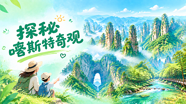 在画面左下角增加一对亲子人物（家长带着孩子），风格与整体清新治愈的山水插画风格一致，人物自然融入山水场景中，保持整体青绿色+浅蓝色渐变底色、清新ins旅行风、高饱和度山水景色的风格不变，左侧大标题「探秘喀斯特奇观」和其余画面元素保持原样。