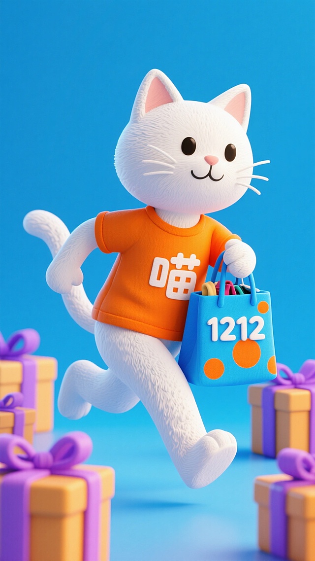 软3D风格的拟人化白猫，身穿印有“喵”字的橙色T恤，手提标有“1212”的购物袋，奔跑于礼物堆中，充满可爱感与喜庆氛围，卡通感十足。