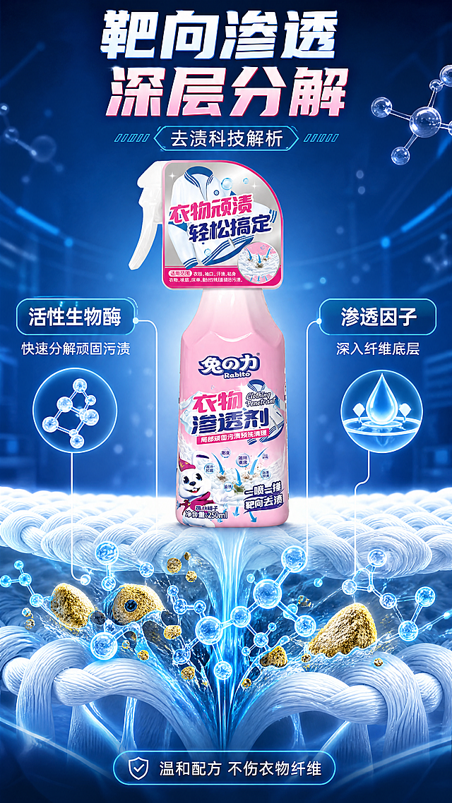 [第2张] 详情页成分原理页 - 靶向渗透去渍科技解析。本张使用【图1】作为产品主体。
[氛围/风格] 科技洁净感，微观分子视角，蓝白粉配色，专业可信的商业视觉。
[元素布局] 画面中央偏上摆放兔之力衣物渗透剂粉色瓶身，占比约40%；瓶身下方用放大微观视角展示渗透原理：蓝色活性酶分子穿透衣物纤维层，包裹并分解黄色污渍颗粒；左右两侧用引线标注两大核心技术；背景为深蓝色科技感渐变，带有纤维纹理和分子结构光点；确保产品外观与输入图一致。
[光影质感] 顶部柔光打亮产品，分子区域有自发光效果，整体科技感冷调中带粉色产品暖意。
[配色色系] 全局底色 #0D47A1 深蓝科技渐变；主色粉色 #FF80AB；辅助色亮蓝 #40C4FF、白色；分子用发光蓝白色。
[视角构图] 正面平视，上产品下原理图解，阅读动线顶部产品 → 中部原理放大区 → 两侧技术点。
[文字版式] 顶部主标题「靶向渗透 深层分解」；左侧引线标注「活性生物酶」，配说明「快速分解顽固污渍」；右侧引线标注「渗透因子」，配说明「深入纤维底层」；底部加一行小字「温和配方 不伤衣物纤维」；字体用现代无衬线体，科技感十足。
[比例分辨率] 9:16 竖版比例，4K 分辨率，文字清晰可辨。
[负向提示词] 产品变形，颜色偏差，文字错乱，分子效果虚假，水印，文字过小，画面过暗。