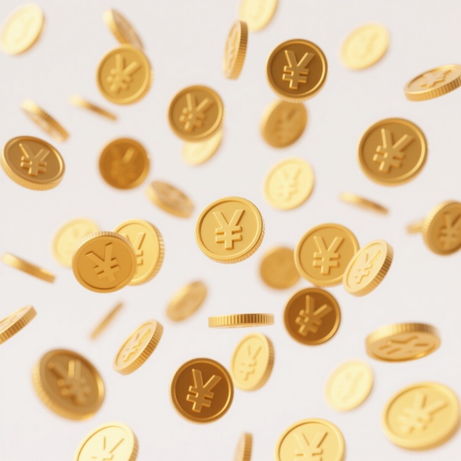 白色背景上，大量金色的圆形硬币以错落有致的放射状布局四散分布，硬币上有清晰的日元符号，每个硬币都具有光滑的金属质感和明亮的高光，边缘有细微的厚度，部分硬币呈现出轻微的动态模糊效果以暗示飘落状态，整体保持简洁明快的视觉风格，色彩以纯净的金色和白色为主，光影处理均匀柔和，营造出轻盈而富有活力的氛围。预览效果