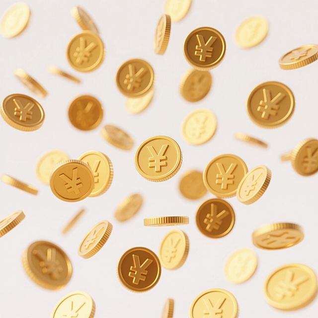 白色背景上，大量金色的圆形硬币以错落有致的放射状布局四散分布，硬币上有清晰的日元符号，每个硬币都具有光滑的金属质感和明亮的高光，边缘有细微的厚度，部分硬币呈现出轻微的动态模糊效果以暗示飘落状态，整体保持简洁明快的视觉风格，色彩以纯净的金色和白色为主，光影处理均匀柔和，营造出轻盈而富有活力的氛围。