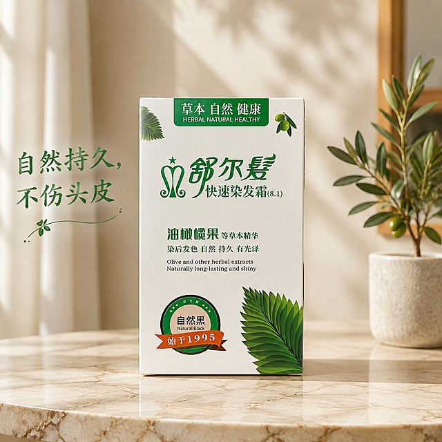 超写实家居产品摄影，家居治愈风。
主体：舒尔发快速染发霜包装盒严格参照上传产品图，完整保留所有可见组件、轮廓、结构、比例、材质、颜色与产品本体上的文字信息（logo/型号/规格/参数等），与上传图完全一致；清除产品本体之外多余背景；突出快速染发霜、自然、持久、不伤头皮卖点。产品是第一视觉焦点，完整不裁切，背景无同类美妆产品。
风格：家居治愈风，法式奶油。
场景：温馨奶油风家居角落，自然生活化的氛围。
空间：①浅色奶咖质感台面，摆放产品主体；②右侧角落点缀一小盆新鲜橄榄绿植；③背景为柔和暖调墙面。
材质配色：奶咖色/橄榄绿/米白色；大理石台面/新鲜绿植。
构图：产品居中放置，85mm人像镜头平视角度，画面主体突出。
光影：主光从斜前方45°窗射入，暖调柔和漫射光影，包装盒表面高光通透自然，整体氛围温暖治愈。
卖点文字：画面添加卖点文字“自然持久，不伤头皮”，风格清新自然。严格锁定宽高比为 1:1