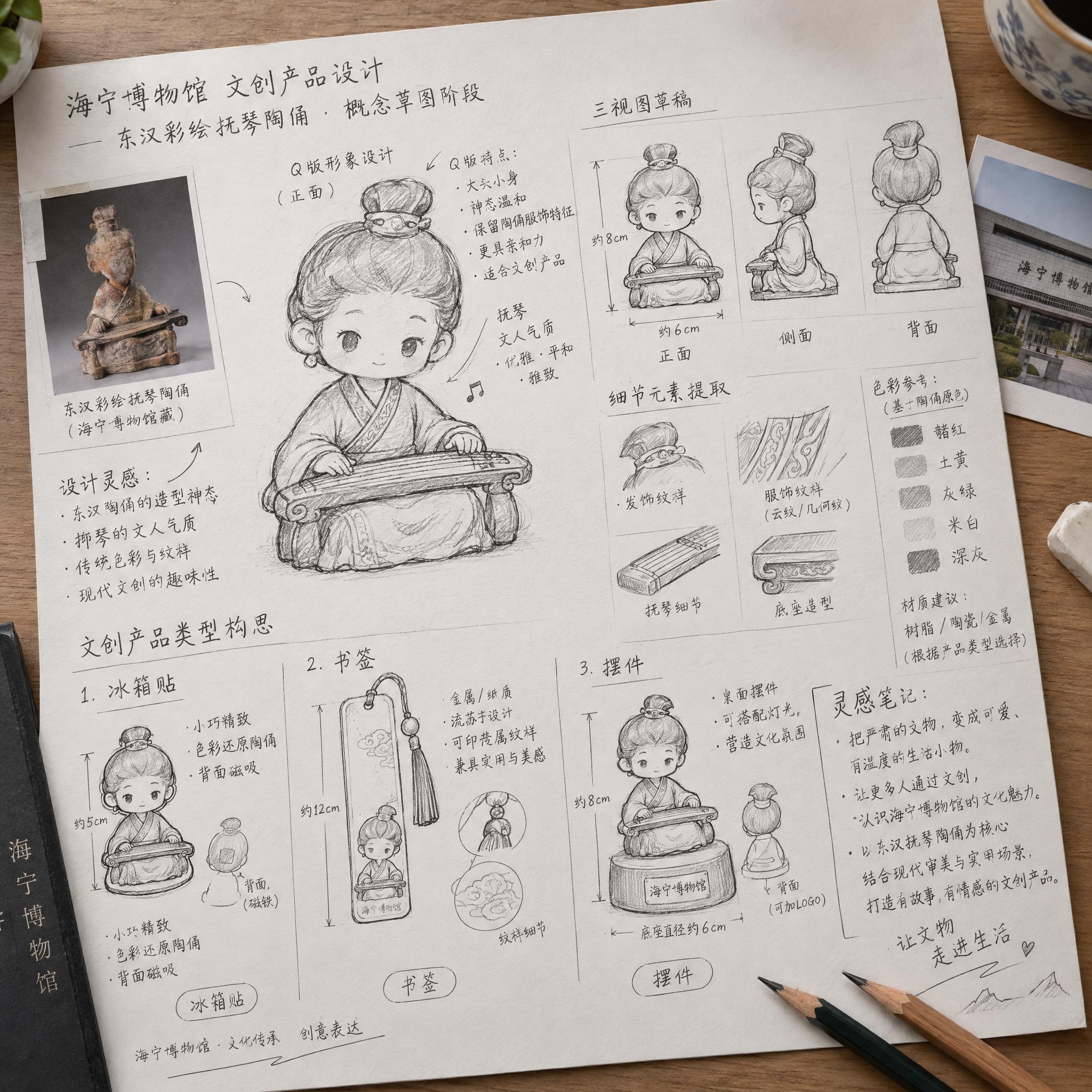 海宁博物馆文创产品设计过程图第1张——概念草图阶段。以东汉彩绘… - 图片创意预览