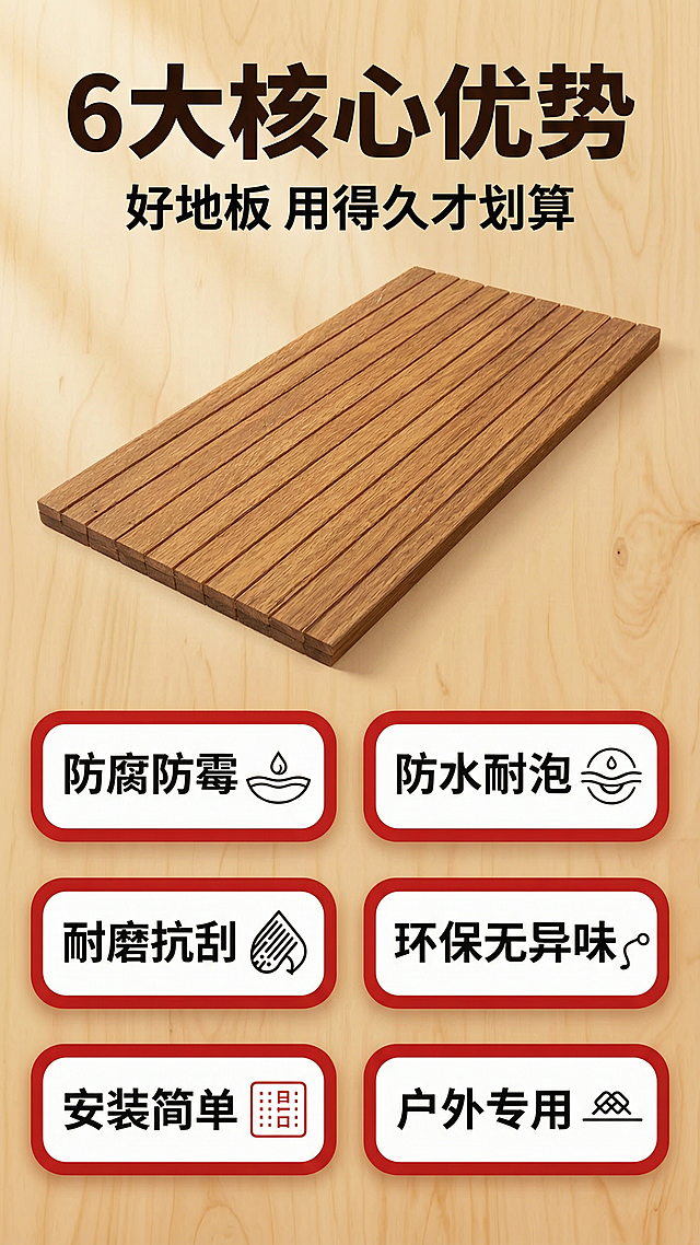 [商品] 使用【图1】高耐重竹户外地板（菠萝格色，竖条纹槽面，暖棕黄色重竹材质）；商品处理：保留竖条凹槽结构、暖棕黄重竹颜色、天然竹纹肌理；修复表面轻微污渍，不改变产品结构和颜色。
[画面] 目标：核心卖点总览，6大卖点快速建立认知。构图：上方产品板材横向摆放展示全貌，下方6个icon卖点卡2行3列排列。产品占画面约40%，卖点卡占约50%。景别：产品中景俯视。背景为浅暖木色渐变，点缀细微木纹纹理。阅读动线从上至下，先看产品再看卖点。
[视觉] 套系策略：风格=拼多多接地气商业摄影风，高饱和度暖色调，醒目大字报；标题字=粗黑黑体，厚重有力；正文字=常规黑体，清晰易读；主色=暖棕黄（木色）；背景延展=基于暖棕黄做深浅层级、同色渐变和木纹/石材质感；强调色=中国红，仅用于小面积标签、价格标、卖点图标和引线；标题色=深棕黑；正文色=深灰；组件=圆角红边信息卡、粗线引线、红底白字标签；光影=左前侧暖柔光，产品正面清晰。
[文字] 顶部主标题"6大核心优势"，副标题"好地板 用得久才划算"。6个卖点卡分别配图标和文字："防腐防霉""防水耐泡""耐磨抗刮""环保无异味""安装简单""户外专用"，每卡4字标题+小图标，手机端清晰可读。
[规格] 图片比例9:16竖版，4K分辨率，避免变形、错字、文字过小、冷蓝背景、产品颜色改变、极限词。