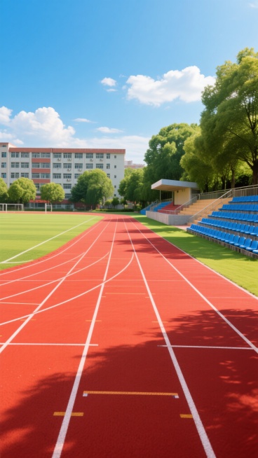 写实风格的学校操场高清摄影，前景为鲜艳的红色塑胶跑道，跑道上有清晰的白色分道线并延伸至远方的弯道，跑道内侧是修剪整齐的绿色草坪，左侧是带有蓝色座椅的露天看台，背景有茂密的绿树和一栋多层教学楼，阳光明媚，天空湛蓝，漂浮着几朵白云，光线明亮，色彩鲜艳，具有清晰的光影层次和自然的空间感，营造出积极向上、充满活力的校园氛围。预览效果