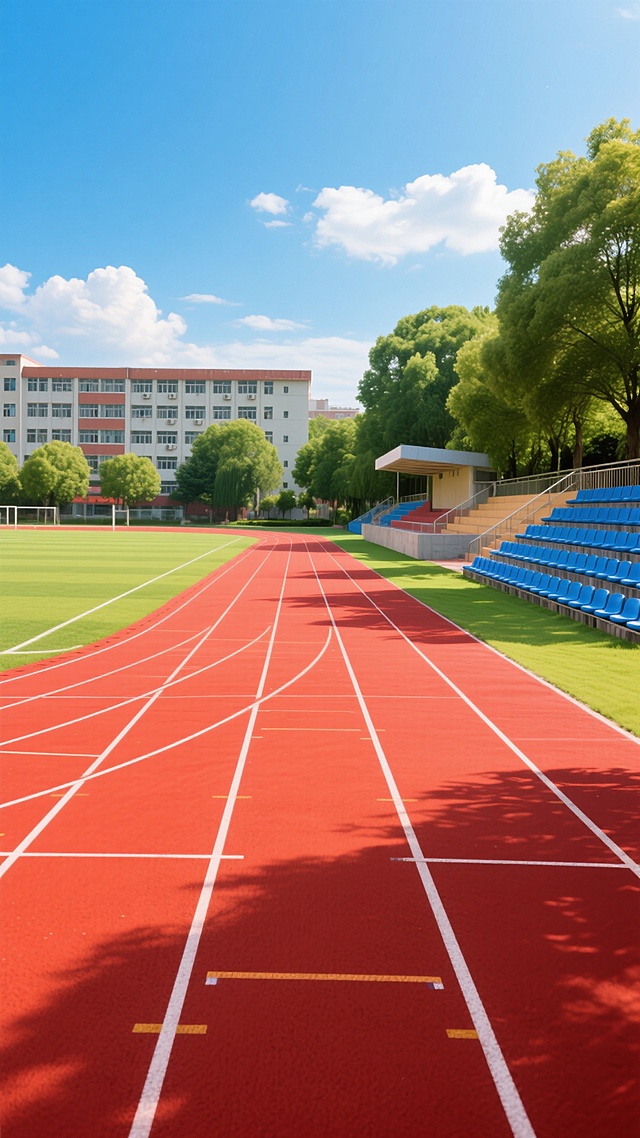 写实风格的学校操场高清摄影，前景为鲜艳的红色塑胶跑道，跑道上有清晰的白色分道线并延伸至远方的弯道，跑道内侧是修剪整齐的绿色草坪，左侧是带有蓝色座椅的露天看台，背景有茂密的绿树和一栋多层教学楼，阳光明媚，天空湛蓝，漂浮着几朵白云，光线明亮，色彩鲜艳，具有清晰的光影层次和自然的空间感，营造出积极向上、充满活力的校园氛围。