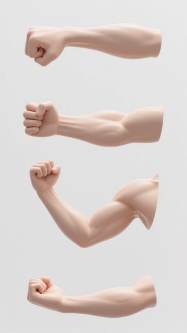 一套4个规整排布的素材，保持3D写实风格，元素包含不同造型样式的“手臂”，分别为握拳、伸展、弯曲、托举等姿态，均为光滑细腻的浅色皮肤质感，肌肉线条柔和自然，光影效果为柔和的顶光照射，形成轻微的高光和阴影过渡，背景为纯色白色，无任何文字、logo和水印，整体构图简洁对称，每个手臂独立占据画面四分之一区域，排布整齐有序。预览效果