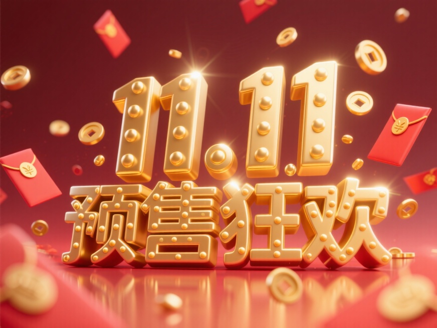 金色立体字“11.11预售狂欢”，字体表面带有金色立体圆点装饰，点缀红包元素，整体风格活泼热烈，充满电商促销的热闹氛围，背景为红色渐变预览效果
