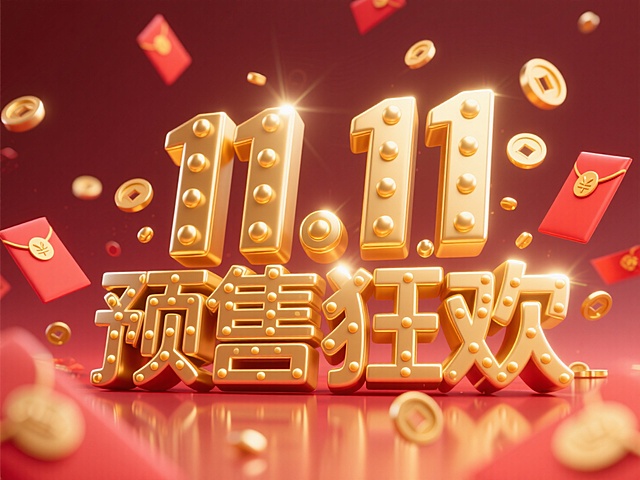 金色立体字“11.11预售狂欢”，字体表面带有金色立体圆点装饰，点缀红包元素，整体风格活泼热烈，充满电商促销的热闹氛围，背景为红色渐变
