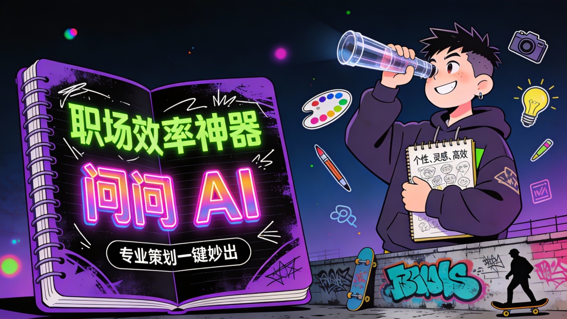 这是一张主打创意职场人群定位的职场效率工具宣传图，采用左文右图版式。左侧主体为一本打开的霓虹紫涂鸦笔记本，内页为黑色背景配白色涂鸦线条，印有荧光绿字体 “职场效率神器”，下方是霓虹粉渐变立体字 “问问预览效果
