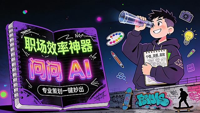这是一张主打创意职场人群定位的职场效率工具宣传图，采用左文右图版式。左侧主体为一本打开的霓虹紫涂鸦笔记本，内页为黑色背景配白色涂鸦线条，印有荧光绿字体 “职场效率神器”，下方是霓虹粉渐变立体字 “问问 AI”，底部配黑色圆角按钮 “专业策划一键妙出”。右侧是一位留着个性短发、穿 oversize 潮牌卫衣的卡通创意工作者，手持透明亚克力望远镜眺望远方，怀抱装满灵感草图的速写本，脸上带着不羁的笑容。周围漂浮着创意相关图标，如调色盘、画笔、灯泡、相机，底部点缀街头风的涂鸦墙与滑板剪影。背景为深邃的藏蓝色渐变，点缀少量荧光色光效，整体色调以紫、绿、粉、黑为主，视觉个性潮酷。风格为街头潮流扁平化插画风，线条夸张随性，色彩对比强烈，旨在传达产品 “个性、灵感、高效” 的核心价值，适用于设计师、策划师等创意职场人群的效率工具推广场景。
