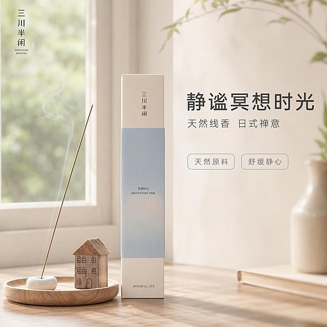 [主图-1] 空间氛围英雄图，展示三川半闲线香产品全貌与静谧居家氛围。
[统一基调] 日式侘寂风温馨居家感，自然柔和午后光线，整体色调以米白、浅木色、淡蓝色为主，字体使用现代简洁无衬线体，标题字色深炭灰，辅助字色中暖灰，强调色淡蓝色，组件使用圆角细线信息卡。
[画面] 产品为三川半闲线香长方包装盒（上白下浅蓝渐变包装，正面有三川半闲竖排文字、MEDITATION TIME英文、GRACEFUL LIFE英文），旁边是原木圆形托盘，托盘上有白色小香座插着一根点燃的线香，还有迷你小木屋摆件。产品放置在浅木色桌面上，背景是白色窗框的窗户，窗外是模糊的绿色植物，午后阳光从左侧洒入，空气中有淡淡的烟雾缭绕。主体占画面65%，45度平视视角，产品完整不切割。左上角放品牌Logo，右侧留白处放主标题和2个轻标签。
[光影质感] 商业摄影质感，左前侧柔和自然光，产品底部有自然接触阴影，包装盒表面有细腻哑光质感，原木托盘有清晰木纹，线香烟雾轻盈通透。
[配色] 主色米白+浅木色，辅助色淡蓝，背景暖白调，场景色为自然绿虚化。
[文字版式] 左上角放三川半闲品牌Logo（竖排小字），右侧负空间主标题「静谧冥想时光」，副标题「天然线香 日式禅意」，下方两个圆角小标签：「天然原料」「舒缓静心」。文字横排，不遮挡产品主体。
[输出要求] 比例1:1，2048*2048px，文字清晰可读，产品清晰不变形，无错字，无水印，无平台Logo，画面干净有氛围感。