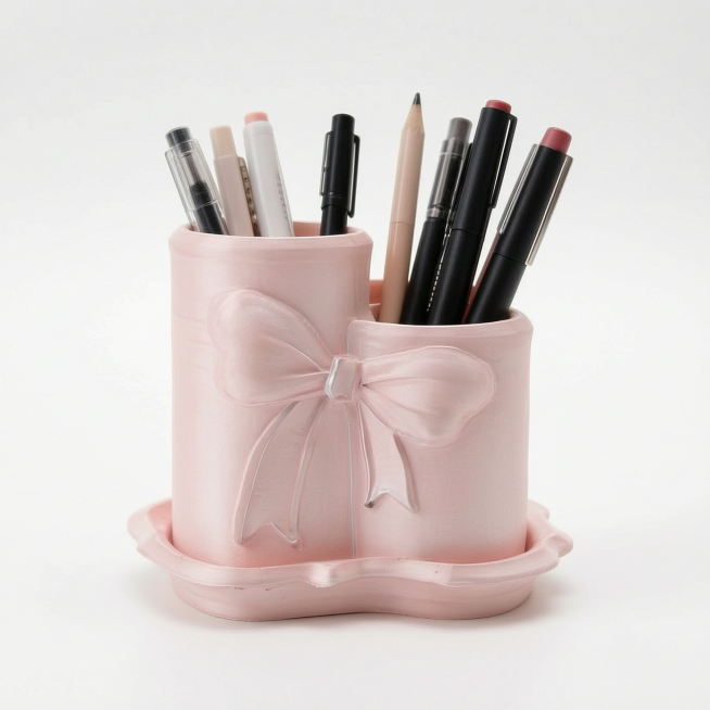 [主图-1] Pink bow-shaped divided pen holder and cosmetics storage tube product. Pure white background,预览效果