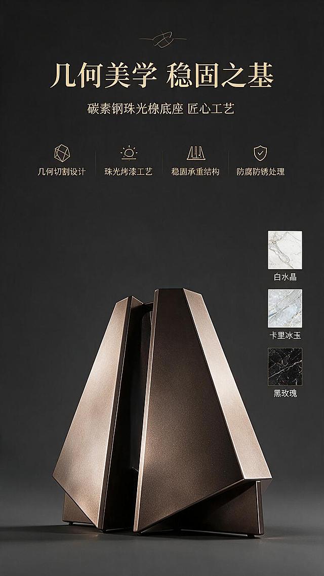[第2张] 详情页设计美学页-碳素钢珠光棕几何底座设计叙事。本张使用【图1】作为商品主体，重点展示底座结构。
[氛围/风格] 现代轻奢工业风，低调高级感，商业摄影质感，设计叙事氛围。
[元素布局] 餐桌底座特写占据画面下半部分，占比约50%，展示几何切割造型与珠光棕金属质感；上半部分为设计说明区，搭配几何线条装饰元素；右侧展示3款岩板色卡小图（白水晶、卡里冰玉、黑玫瑰）；产品底座结构、造型比例与输入图完全一致，金属表面呈现珠光棕细腻光泽。
[光影质感] 侧上方硬光照明，突出金属切面的光影对比，底座棱角分明，珠光质感清晰可见，底部柔和投影。
[配色色系] 全局底色 #2C2C2C 深灰色；主色珠光棕金属；辅助色金色文字、白色岩板色卡、深灰背景。
[视角构图] 微仰视角度，聚焦底座结构，上半部分留白用于文案，阅读动线从上到下。
[文字版式] 上部居中排版。主标题「几何美学 稳固之基」，副标题「碳素钢珠光棕底座 匠心工艺」；下方4个图标标签「几何切割设计」「珠光烤漆工艺」「稳固承重结构」「防腐防锈处理」；右侧色卡区标注色名；文字清晰不遮挡底座关键结构。
[比例分辨率] 9:16 竖版比例，1K分辨率，文字清晰可辨，高清画质。
[负向提示词] 底座变形，结构错误，颜色偏差，水印，文字错乱，金属质感差，背景杂乱。