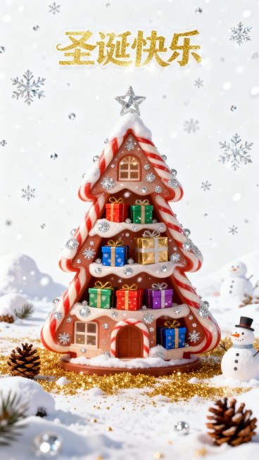 生成一个圣诞树糖果屋，每层嵌着圣诞礼盒，屋身有亮点银光点缀，“圣诞快乐” 鎏金艺术字正片叠底50%透明度隐于左右整体画面顶部。地面撒金粉松果。背景是字上而下落雪整体白色背景，空中飘着闪银雪粒，地面有雪预览效果