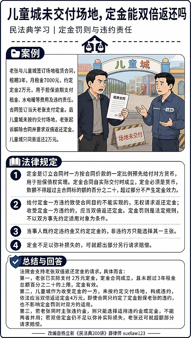 参考图的版式骨架和视觉风格，制作一张法律科普海报，整体结构、配色体系（深蓝标题+白色背景+浅蓝点缀）、分区方式（案例区/法律规定区/总结与回答区）、图标装饰、顶部天平房屋分隔线、底部来源标注、正文字体黑色、案例区左右各占50%等均与参考图保持一致，仅替换全部文字内容和案例区插画：

1. 主标题改为："儿童城未交付场地，定金能双倍返还吗"
2. 副标题改为："民法典学习 | 定金罚则与违约责任"

3. 【案例区】左右两栏各占50%面积：
   - 左侧文字（正文字体纯黑色）：
   老张与儿童城签订场地租赁合同，租期3年，月租金7000元，约定定金2万元，用于担保逾期支付租金、水电暖等费用及违约责任。合同签订当天老张支付定金。后儿童城未按约交付场地，老张起诉解除合同并要求双倍返还定金，儿童城只同意返还2万元。
   - 右侧插画：儿童城场地租赁场景插画，左侧是老张（中年男性，手持租赁合同，表情不满），右侧是儿童城工作人员（穿工装，面露难色），背景是儿童城入口或空场地，有"儿童城"标识牌，地上有"场地未交付"暗示，扁平插画风格，与参考图插画风格一致。

4. 【法律规定区】标题保留"法律规定"，内容（正文字体纯黑色）改为4条：
   ① 定金是订立合同时一方按合同价款的一定比例预先给付对方货币，用于担保债权实现。定金合同自实际交付时成立，定金必须是货币，数额不得超过主合同标的额的百分之二十，超过部分不产生定金效力。
   ② 给付定金一方违约致使合同目的不能实现的，无权请求返还定金；收受定金一方违约的，应当双倍返还定金。定金罚则是法定规则，不以双方事先约定适用对象为条件。
   ③ 当事人既约定违约金又约定定金的，非违约方只能选择其一主张。
   ④ 定金不足以弥补损失的，可就超出部分另行请求赔偿。

5. 【总结与回答区】标题保留"总结与回答"，内容（正文字体纯黑色）改为：
   法院会支持老张双倍返还定金的请求。具体而言：
   第一，老张已实际支付2万元定金，定金合同成立，且未超过3年租金总额百分之二十的上限，定金有效。
   第二，儿童城作为收受定金的一方，未按约定交付场地，构成违约，依法应当双倍返还定金4万元，即使合同只约定了定金担保老张的违约，也不影响定金罚则对双方的适用。
   第三，若老张同时主张违约金，则只能选择适用违约金或定金，不能两者并用；若双倍定金仍不足以弥补实际损失，老张还可就超额部分请求赔偿。

6. 底部最后一行文字：改编自杨立新《民法典200讲》薛律师 xuelaw123

画面中所有数字（3年、7000元、2万元、百分之二十、4万元等）必须精确渲染，不得错位、遗漏或编造。所有信息区域填充完整合理内容，无空白占位。版式精美，文字清晰可读，整体视觉风格与参考图高度一致。