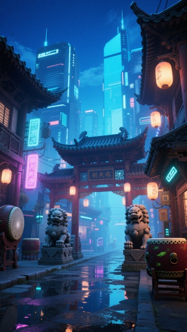 中式赛博街景背景，以青蓝色夜空为底，构建传统飞檐建筑与未来高楼的碰撞场景，搭配霓虹灯笼、石狮、战鼓等东方符号，地面渲染湿润反光效果预览效果