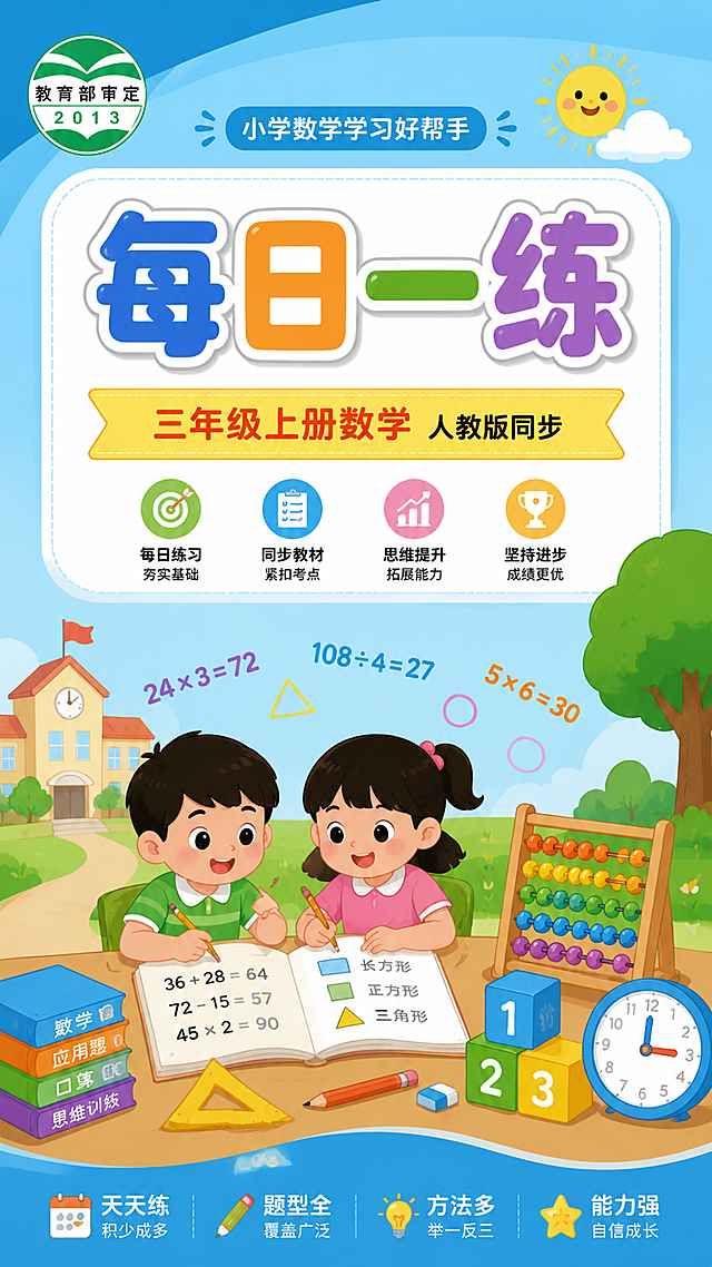 人教版三年级上册数学同步课本每日一练小纸条封面，参考人教版三上数学课本封面，采用卡通风格，画面包含主标题"每日一练"，副标题"三年级上册数学 人教版同步"，简约活泼，色彩清新，保留课本封面的卡通学习元素，排版精美，画面中所有信息区域必须填充完整合理的内容，不得出现空白框或占位，所有文字必须清晰可读，数字精确渲染。