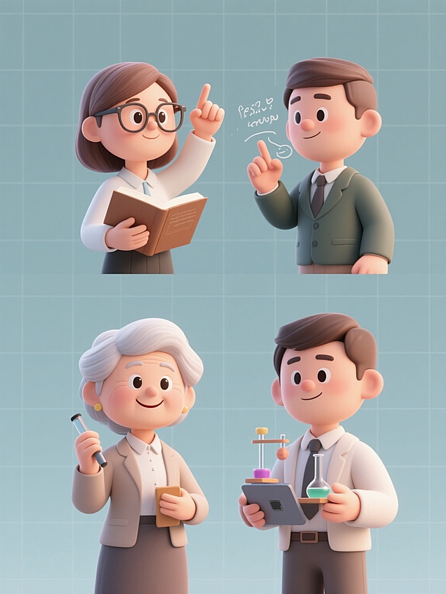 四个3D风格的老师形象以规整网格排布在纯色背景上，整体造型简约现代。每个角色具有不同性别和动作：一位戴眼镜的女性老师手持书本并食指指向上方，一位男性老师可能正在板书或比划讲解手势，一位年长的女教师面带微笑手持教具，一位年轻男老师可能展示实验器材或使用电子设备。所有角色保持圆润柔和的3D建模风格，服饰为简约职业装，色彩明快协调，无任何文字、logo或水印，光线均匀柔和，突出角色立体感和友好亲切的教师气质。