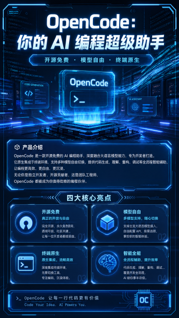 OpenCode科普海报，整体蓝色主题，浓郁科技感风格，添加代码纹路、发光科技元素和赛博未来感设计，文字信息完整：主标题"OpenCode：你的 AI 编程超级助手"，副标题"开源免费 · 模型自由预览效果