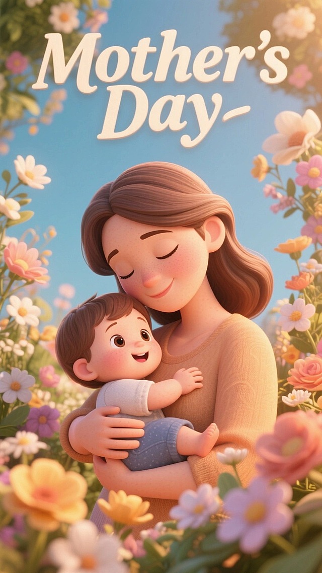 标题为“Mother's Day”。主视觉为三维卡通电影风格：一个妈妈怀抱一个小孩，人物特写居中，鲜花装饰
