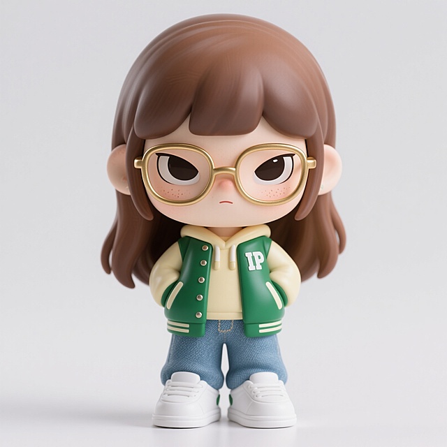 Q版小女孩，正面全身，可爱卡通形象，纯白色干净背景，休闲街头风格。栗色长发，戴着细细的金丝框眼镜，表情高冷。上身穿着绿色棒球外套，内搭米黄色卫衣，下身是宽松的牛仔裤，脚上穿着白色运动鞋。