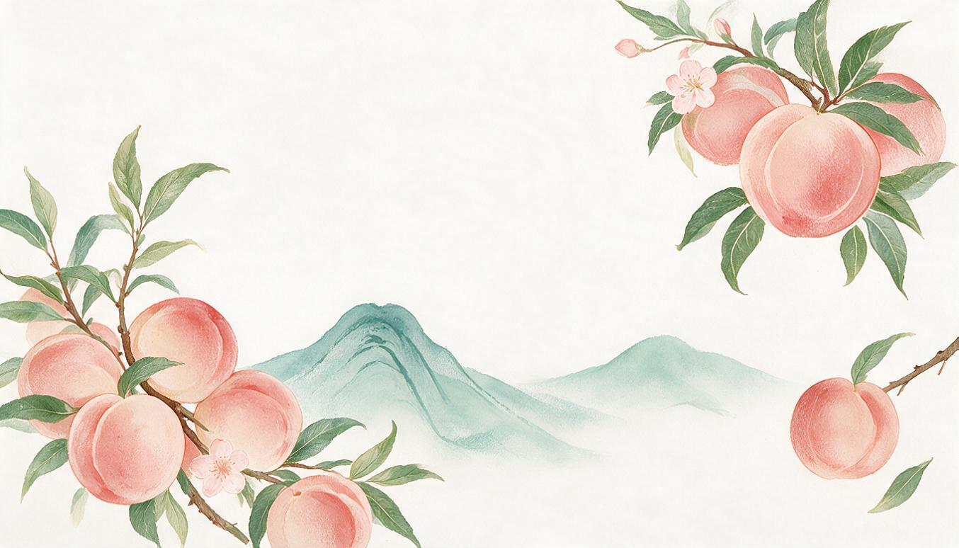 保留画面中的桃子、桃枝、桃叶、桃花和山元素，去除所有其他元素（… - 图片创意预览