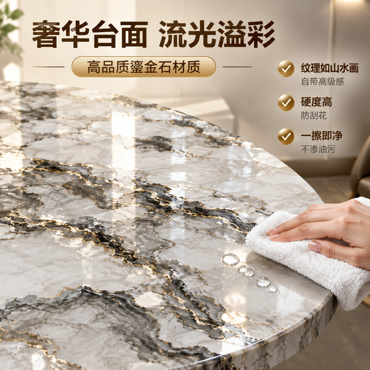 [主图-3] 主题：鎏金石台面材质细节展示，突出流光溢彩的高级… - 图片创意预览