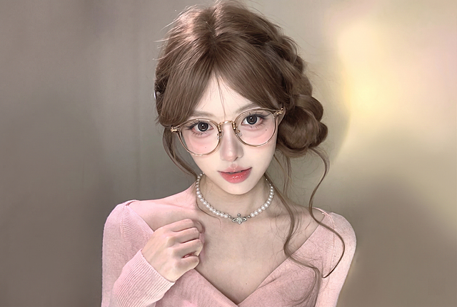 参考图1图2的浅棕色透明眼镜，将这副眼镜自然佩戴到图3女生的脸上，保持脸型、发型、服装和整体风格不变，真实自然