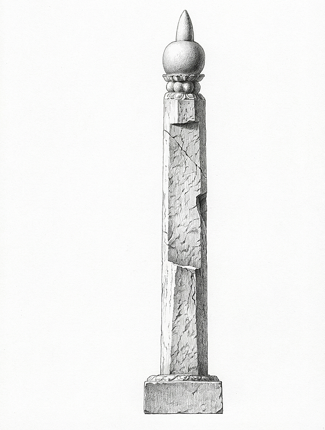 严格保持原石桩物体形状完全不变，左上45度角打光，超写实铅笔素描，使用超精细铅笔排线，细致刻画表面纹理，干净精准的轮廓线，排线细密，强对比，精准光影，纯白背景，严谨学术风，高分辨率，细节锐利，无现代3D渲染痕迹，无背景元素，无投影，仅保留器物本身，无多余装饰，19世纪博物学风格的科学插画标准，学术出版物级画质