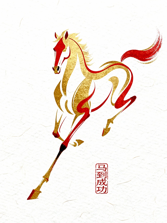 中国十二生肖之马的抽象表达，极具艺术造诣，手绘感强，现代简约线条艺术，拉长的艺术曲线，曲线延伸飘逸，造型夸张神似马飞奔的动态，马高挑比例，极致简约概括手绘毛笔线条，金色和红色线条为主，流畅飘逸的线条质感，添加传统红色印章，简洁白色背景，兼具动感与传统文化美学，高清细腻，细腻米白底色宣纸纹理。