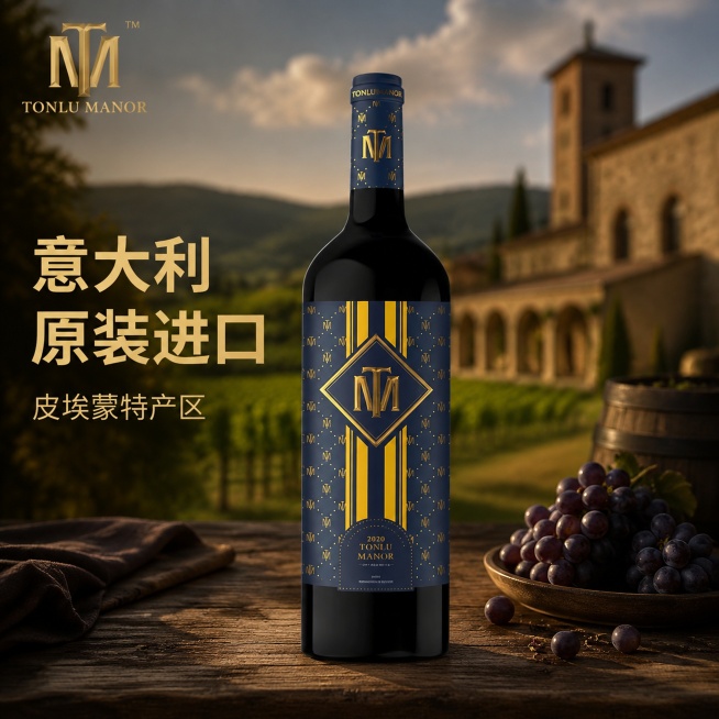 [主图-1] 桐楼庄饰尚干红葡萄酒首图，场景代入意大利进口红酒展示
[氛围风格] 高端精致品质感，意大利酒庄氛围
[画质] 商业摄影质感，光线柔和通透，产品清晰真实，画面干净高级
[元素] 桐楼庄饰尚预览效果